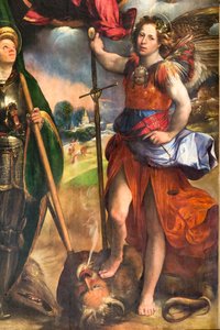 Madonna with Infant Jesus and St. George and St. Michael Archangel (detail) by Dosso Dossi