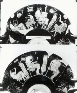 Two views of an attic red-figure cup depicting a school scene by Douris