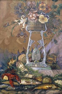 Flowers in a Vase on a Stand with Asparagus, Lobsters, Oysters and Fish
