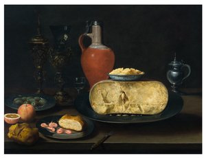 A Still Life with Cheese, Butter, Bread, Prawns, Oranges, Olives and Wine on a Table by Dutch School