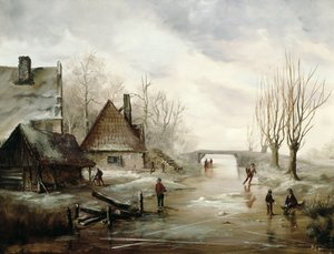 A Winter Landscape with Figures skating in the Foreground by Dutch School