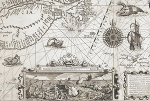 A detail of two old-fashioned whale-like sea monsters and an inset with more lifelike whales, from 