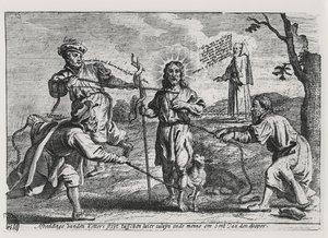 Caricature of Luther, Calvin and Menno Simons disputing Christ and his teaching by Dutch School