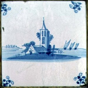 Delft Tile Showing a Church with Three Barge Sails by Dutch School