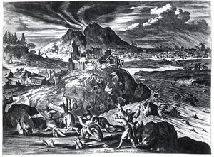 Earthquake in Edo (Tokyo) in 1659, illustration from the account by Arnold Montanus of embassies sent by the Dutch East India Company to the Emperor of Japan, published in Amsterdam 1669 by Dutch School