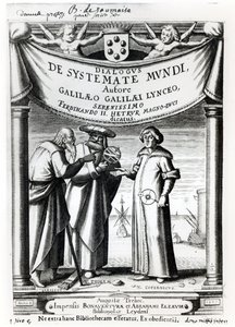 Frontispiece of Dialogus De Systemate Mundi by Galileo, published in Leyden 1635 by Dutch School