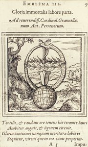 Gloria immortalis labore parta, illustration from Emblemata by Hadrianus Junius, published by Christophe Plantin, Anvers, 1565