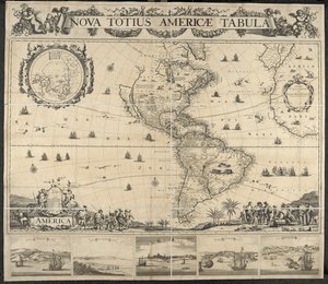 Map of America, Nova Totius Americae Tabula, with Views of Panama, Caput S. Augustini, Nieu Amsterdam, S. Salvador, Nombre D. Dios by Dutch School