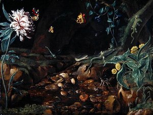 Stream in a Dell with Flowers and Reptiles by Dutch School