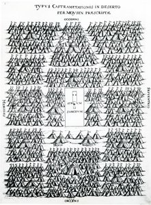 The Encampment of the Israelites in the Desert with the tents of Moses and Aaron, in the centre the Sacred Hearth, published in Holland by Dutch School