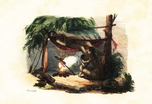 Nomadic Puri family relaxing in a hut made of leaves and branches, man lying in hammock, woman roasting meat on a fire by Duverger Duverger