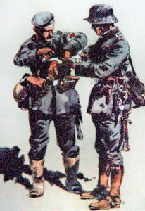 First aid orderly treats a wounded officer on the Western Front by E. (after) Dobrich