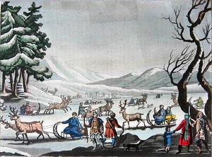 Tungus Leaving Their Winter Camp on Sleighs Pulled by Reindeer by E. (after) Karnejeff