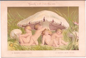 A Victorian Christmas and New Year card of a group of fairy children relaxing under a mushroom, all against a gold background