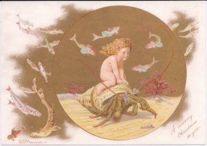 A Victorian Christmas card of a hermit crab in a shell being ridden by a water baby surrounded by a shoal of fish, by Gertrude Thompson