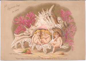 A Victorian Christmas card of four water babies sitting inside a Ramrose Murex sea shell, against a background of coral and a hermit crab inside its shell, by Gertrude Thompson