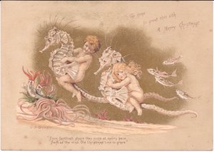 A Victorian Christmas card of two water babies riding a seahorse with sea anemones and a shoal of fish, by Gertrude Thompson