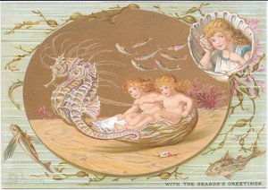 A Victorian Christmas card of two water babies riding in a seashell chariot pulled by a pair of seahorses, all surrounded by seaweed and fish. Also a child, framed in a scallop shell, with a seashell to her ear, listening for the sea, by Gertrude Thompson by E. Gertrude Thompson
