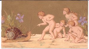 A Victorian greeting card of four naked fairies teasing a snail against a gold background, by Gertrude Thompson