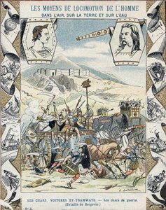 Gallic war chariots at the Battle of Gergovia - From a protective sleeve for school books, late 19th century - illustration by E Letellier