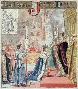 Joan of Arc takes part in the coronation ceremony of Charles VII in Reims on 17 July 1429 - From a protective sleeve for school books, late 19th century - King Charles VII (1403-1461) receives the crown in the Cathedral of Reims on 17/07/1429 in the presen