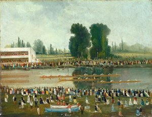 Rowing Scene: Crowds Watching from the River Banks, late 19th century