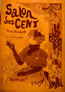 A woman examining an invitation, Salon des Cent by E. Rocher