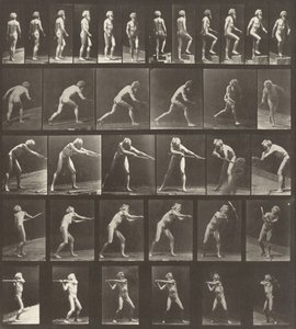 Plate Number 521. A: Walking. B: Ascending a step. C: Throwing the disk. D: Using a shovel. E, F: Using a pick by Eadweard Muybridge