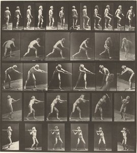 Plate Number 521. A: Walking. B: Ascending Step. C. Throwing Disk. D: Using Shovel. E, F. Using Pick by Eadweard Muybridge