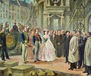 Baron Georges-Eugene Haussmann, Napoleon III, and Empress Eugenie Visiting the Workers at the Opera