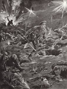 Lieutenant Benjamin Geary hurrying, under heavy shellfire, to a trench on the right of Hill 60 to get into touch with an officer, Ypres, Belgium, April 1915 by Edgar Alfred Holloway