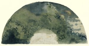 Fan Leaf in Japanese Style Painted with a Landscape at Rising Moon