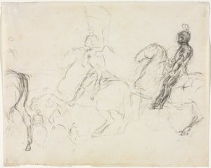 Battle Scene with Armored Figures on Horseback (recto) Two Seated Women (verso), 1856-1860 by Edgar Degas
