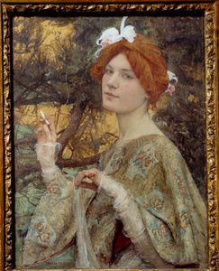 A Young Redhead Woman Holding A Cigarette In Her Hand And Wearing An Orchid In Her Hair