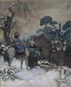 Beauty and the beast: the Belle, having agreed to take the place of her father prisoner of the Bete to liberate him, heads towards the castle, c.1910