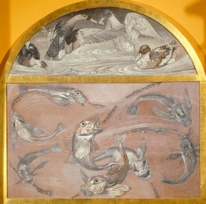 Diptych with fish and ducks in pond