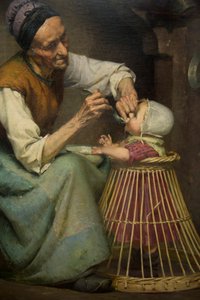 An Old Woman Feeds Her Granddaughter Held in a Wicker Baby Walker by Edouard Jerome Paupion