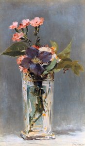 Violets and Clematis in a Crystal Vase