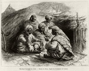 A merchant fascinating a customer. Engraving by Riou, to illustrate the story From Niger to the Gulf of Guinee by Captain Louis Gustave Binger