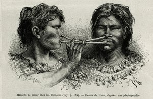 An instrument made of bird bone and a way of snuffing among the Indians ouitotos (uitoto), blowing in unison, they simultaneously send the catch. Engraving by Riou, to illustrate the story of Cayenne aux Andes, by Jules Crevaux, doctor of the French navy by Edouard Riou