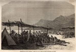 Distribution of food in Keauhou after the earthquake and volcanic eruption of 1868. Engraving illustrating a voyage to the Sandwich Islands by C. de Varigny, published in 