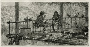 Inside scene in San Pablo, a family sheltered from the rain, the father smokes a cigarillo, the mother feeds two babies in the breast and the groin plays with a small animal, stretches on the floor on a bete skin, engraving by Riou, to illustrate the story by Edouard Riou
