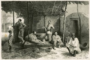 Installation of the mission in Nango, for a 10-month stay, with portraits of Gallieni and his captains Vallière and Pietri, Doctor Tautain as well as his interpreters, guide and cantinière. Engraving by Riou, based on a sketch by the author, to illustrate 