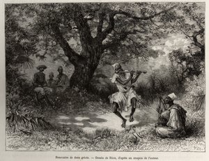 Meet two griots, Captain Binger, sitting in the shade, enjoys the show. Engraving by Riou, to illustrate the story 