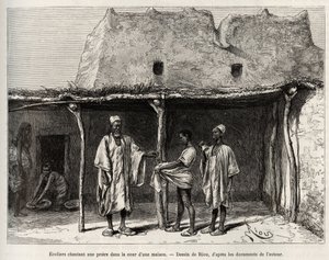 Muslim schoolchildren singing a prayer in the courtyard of a house, practiced in the country of Kong (Niger), the schoolchildren receive a handful of cauris, which they hand over to their teacher and which corresponds to a kind of tax for public education by Edouard Riou