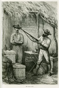 Portrait of the author Victor Giraud, a ship ensign and his traveller, Montagu Kerr, a hunter. Engraving by Riou, to illustrate the story 