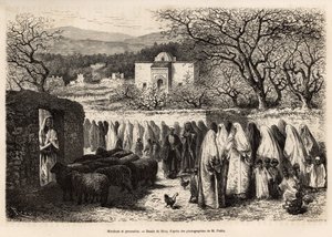 Procession to the Marabout de Tlemcen (Algeria). Engraving illustrating a voyage to Tlemcen by E. de Lorral, published in 