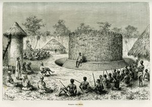 Reception at Mkwewe, Tribe Chief, with the Narrator. Engraving by Riou to illustrate the story 