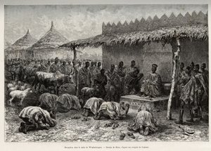 Reception at the naba Sanem, from the Mossi kingdom of Waghadougou. Engraving to illustrate the story From Niger to the Gulf of Guinee by Captain Louis Gustave Binger, in 1887-1889, in Le tour du monde 1890, directed by Edouard Charton, Hachette, Paris.