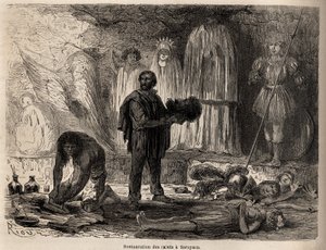 Restoration of statues of saints in Sarayacu (Peru), drawing by Riou, to illustrate Paul Marcoy